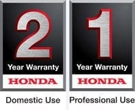 A Honda 2 year domestic use warranty logo, and a Honda 1 year professional use warranty logo.