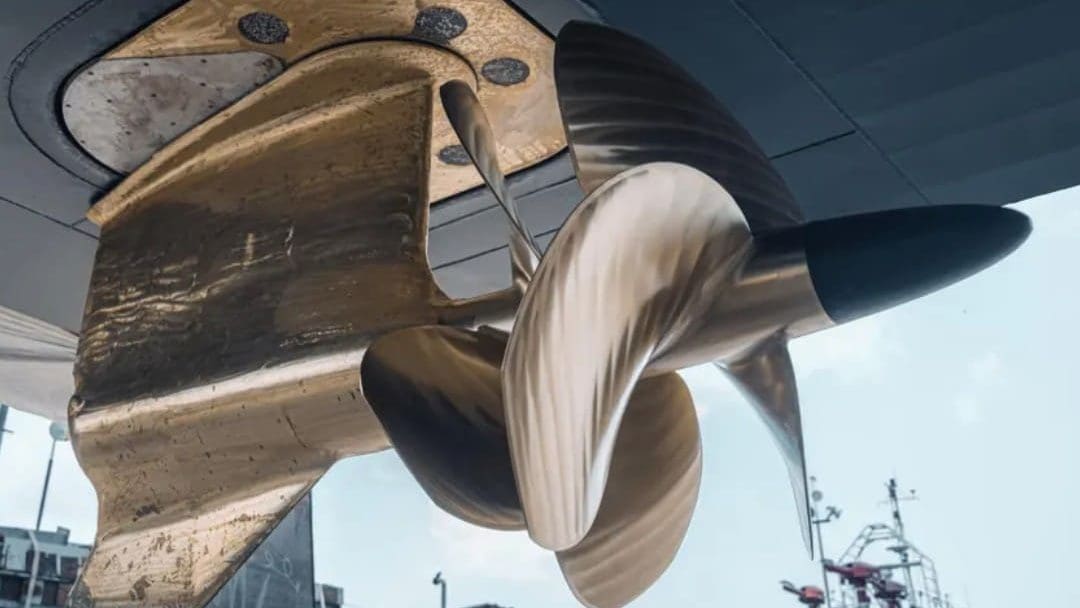 Dynamometer Testing 2 Close-up of a Volvo Penta marine propeller system being prepared for dynamometer testing, highlighting precision engineering and propulsion efficiency in commercial maritime applications.